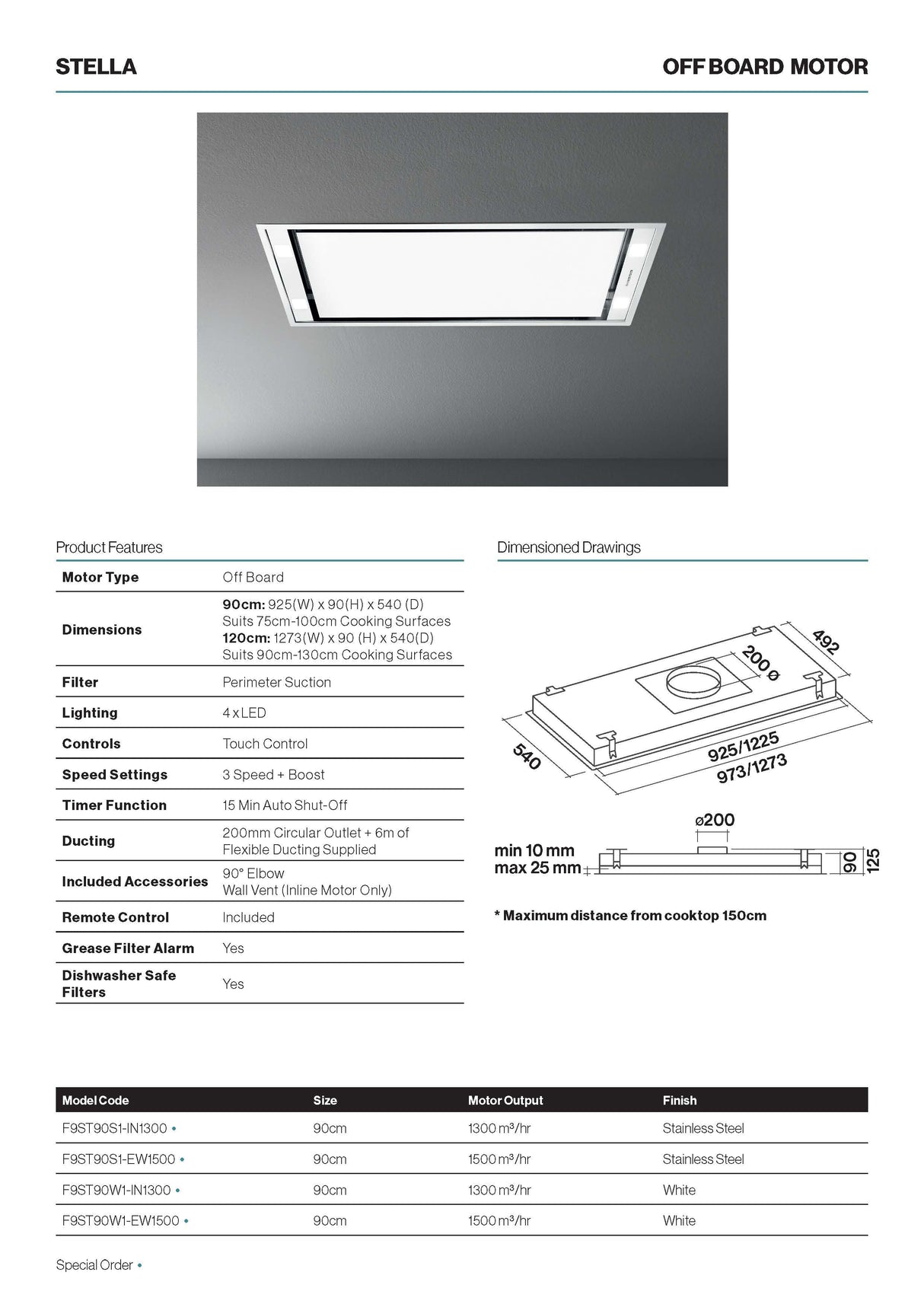 Falmec F9ST90S1-IN1300 90cm Stella Ceiling Cassette Rangehood with In-line Motor, Stainless Steel
