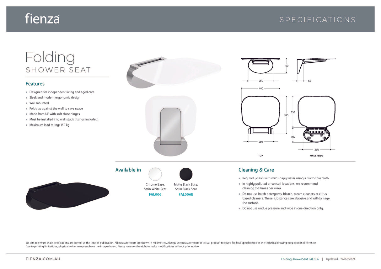 Fienza FAL006B Care Folding Shower Seat, Matte Black Base, Satin Black Seat