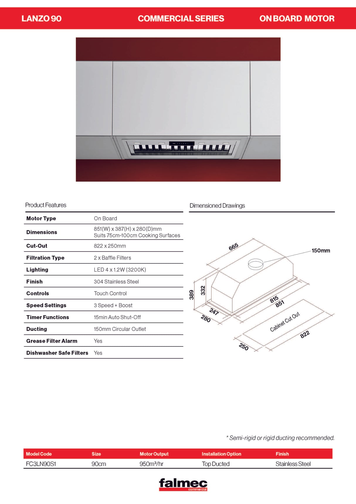 Falmec 90cm Lanzo Concealed Rangehood, 950m3/h, On Board Motor FC3LN90S1