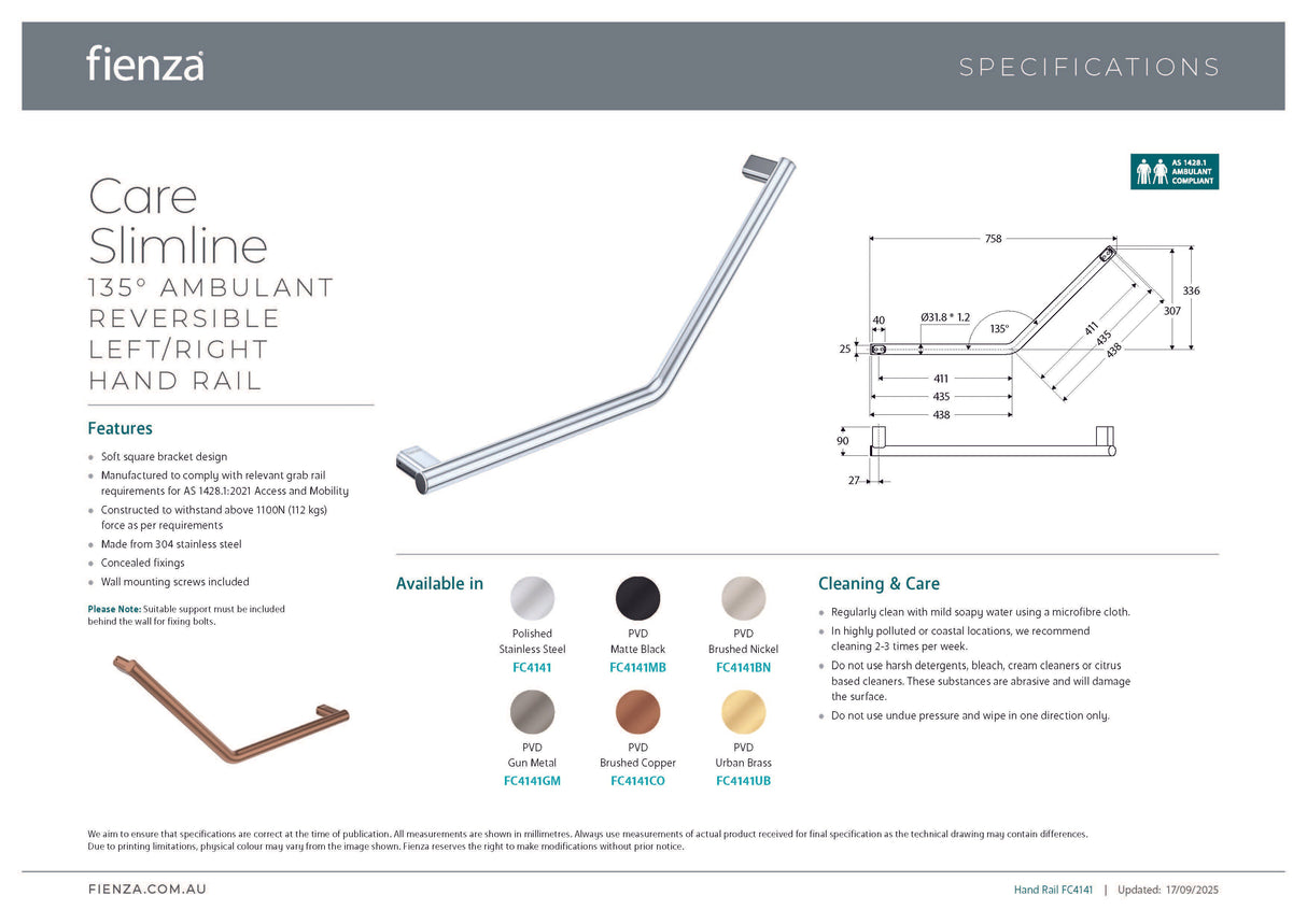 Fienza FC4141UB 135° Care Slimline Ambulant Care Reversible Left/Right Hand Grab Rail, Urban Brass