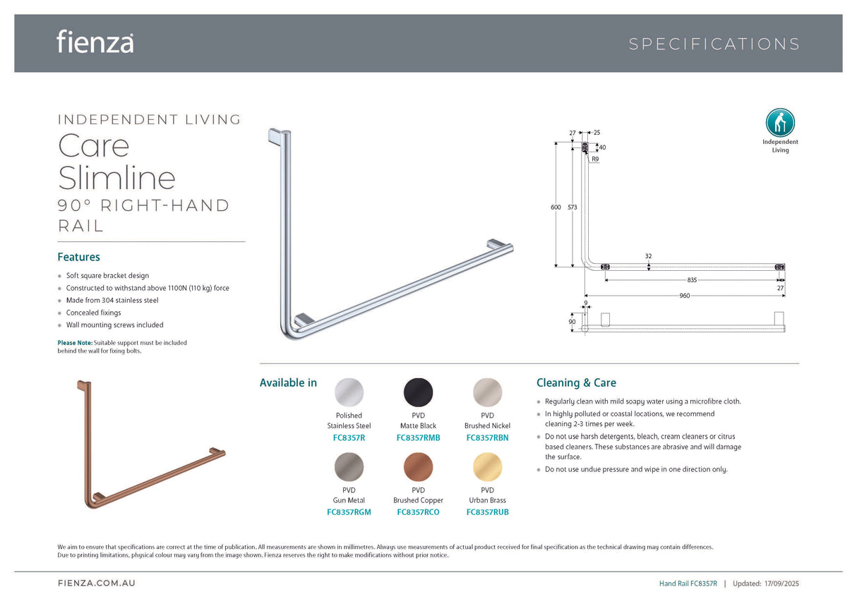 Fienza FC8357RUB 90° Care Slimline Right-Hand Grab Rail, Urban Brass