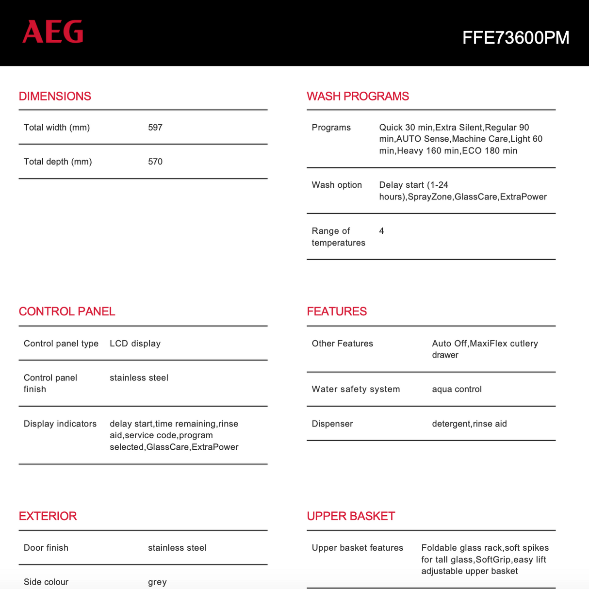 AEG FFE73600PM 60cm Built-Under Stainless Steel Dishwasher - Factory Seconds