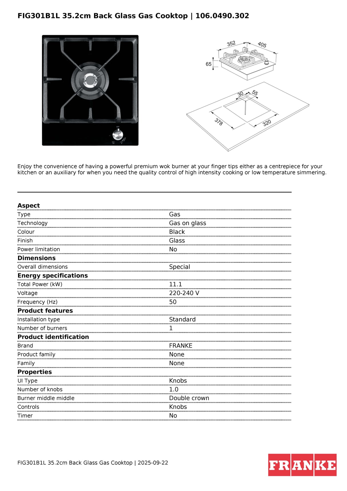 Franke FIG301B1N 22MJ Single Burner Natural Gas Black Glass Cooktop