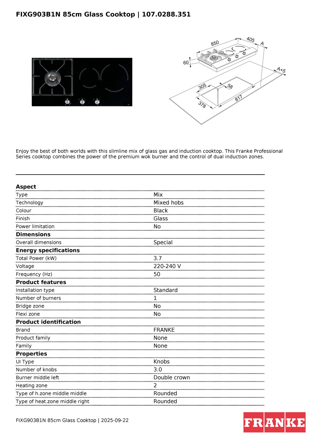 Franke FIXG903B1N 85cm 22MJ Natural Gas Burner and Induction  Black Glass Cooktop