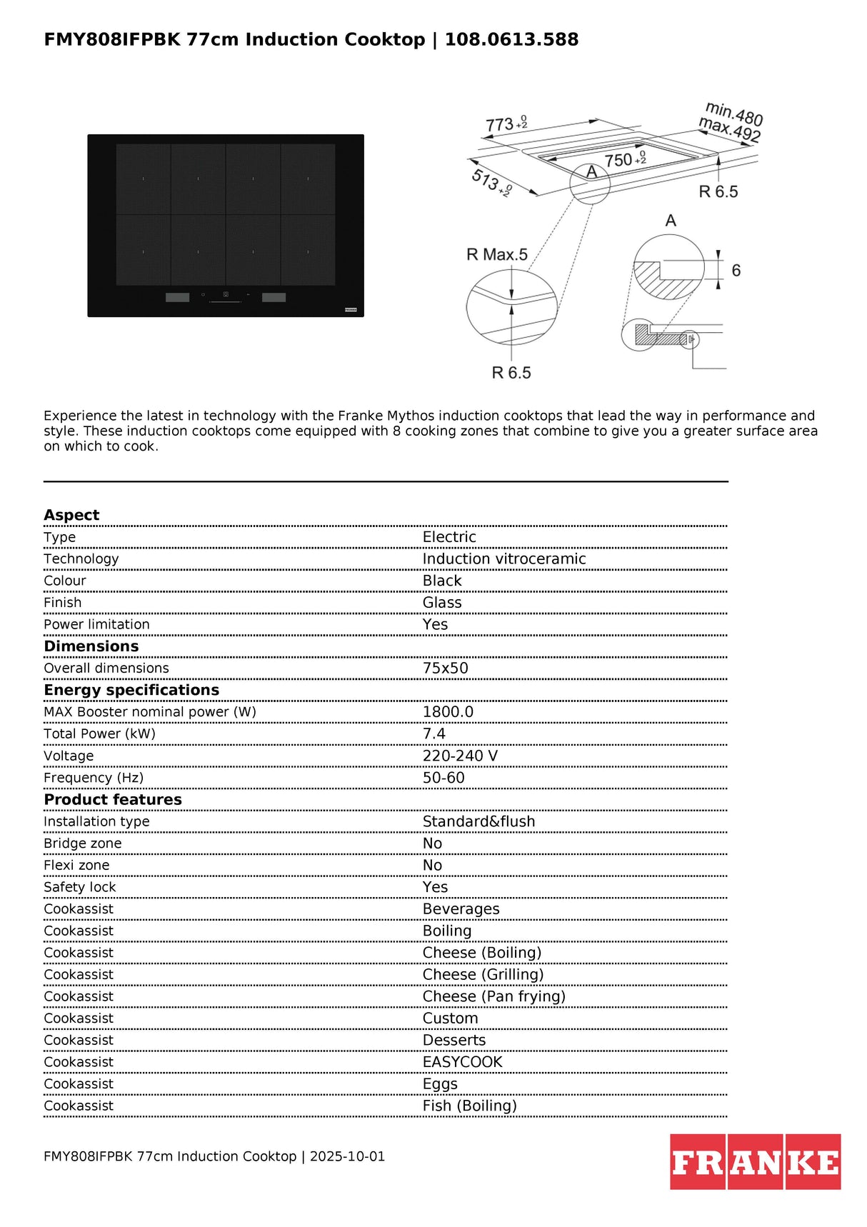 Franke FMY808IFPBK Mythos 77cm Black Glass Induction Cooktop