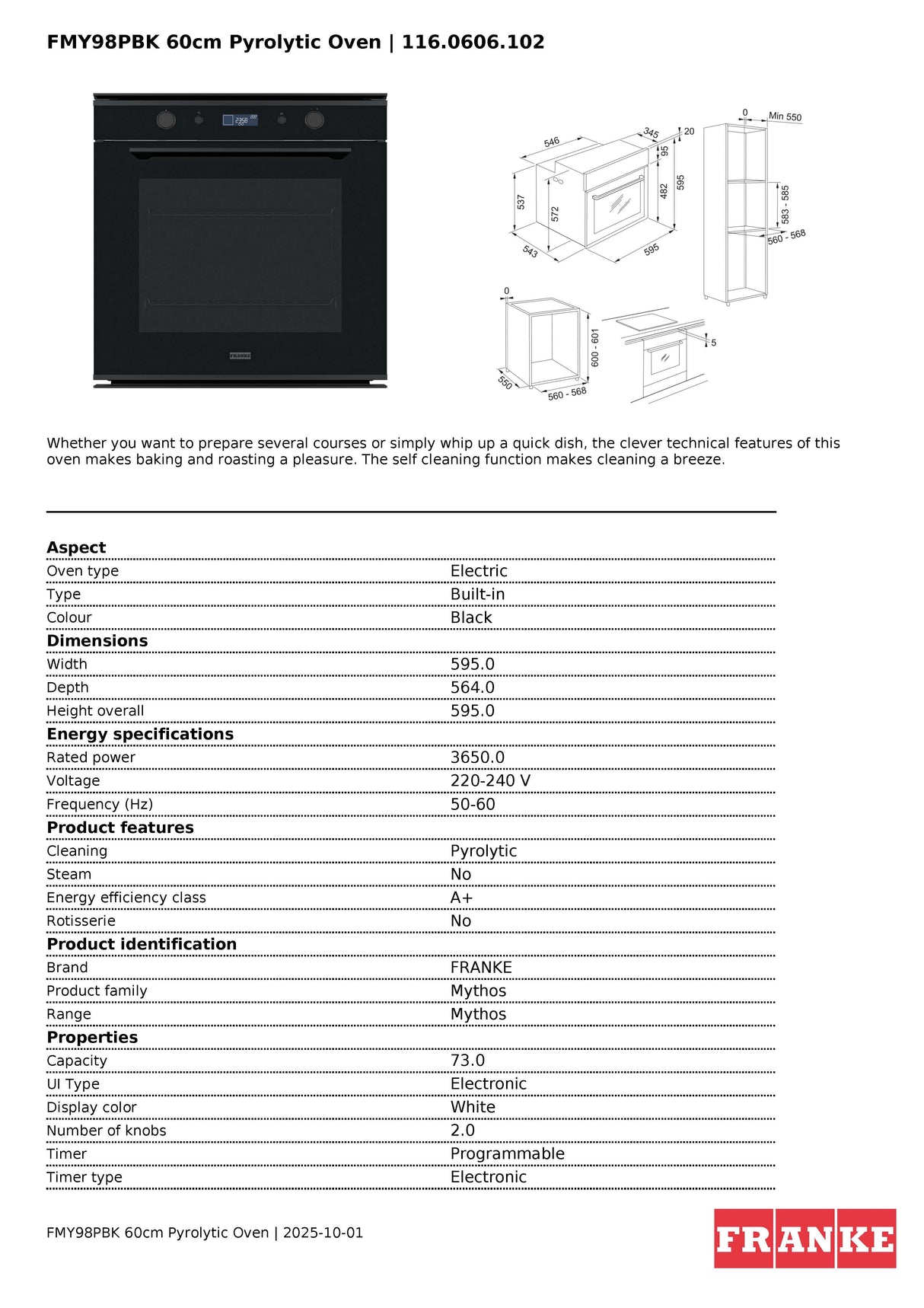 Franke FMY98PBK Mythos 60cm Pyrolytic Black Glass Oven