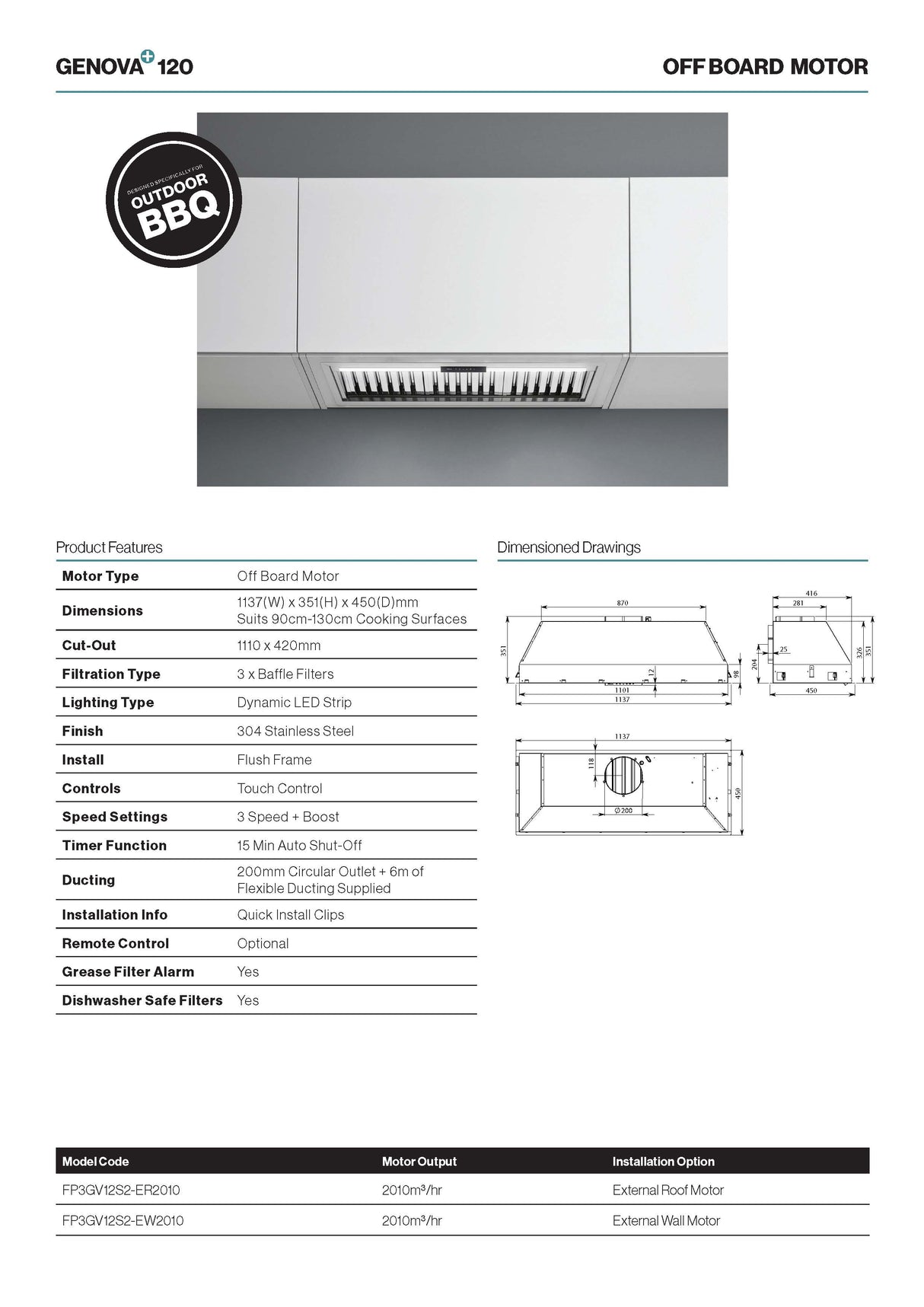 Falmec FP3GV12S2-EW2010 120cm Genova+ Outdoor BBQ Under Cupboard Rangehood with External Wall Motor