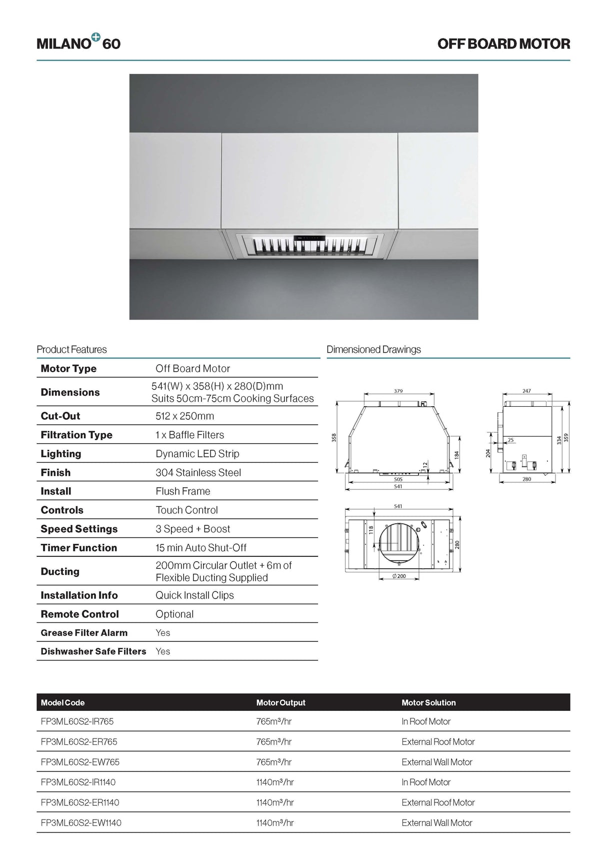 Falmec FP3ML60S2-IR1140 60cm Milano+ Undermount Rangehood with Internal Roof Motor