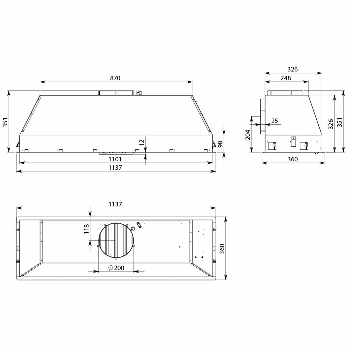 Falmec FP3MLD12S2-ER1140 Milano+ 120cm Deep Cupboard Rangehood with External Roof Motor