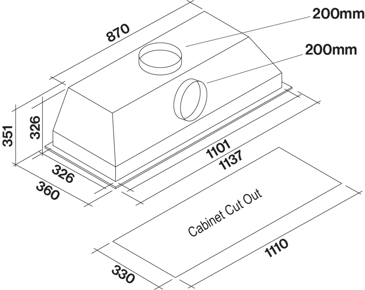 Falmec FP3MLD12S2-IR1140 Milano+ 120cm Deep Cupboard Rangehood with Internal Roof Motor