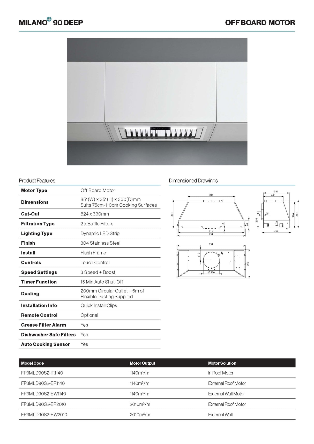Falmec FP3MLD90S2-EW2010 90cm Milano+ Deep Undermount Rangehood with External Wall Motor