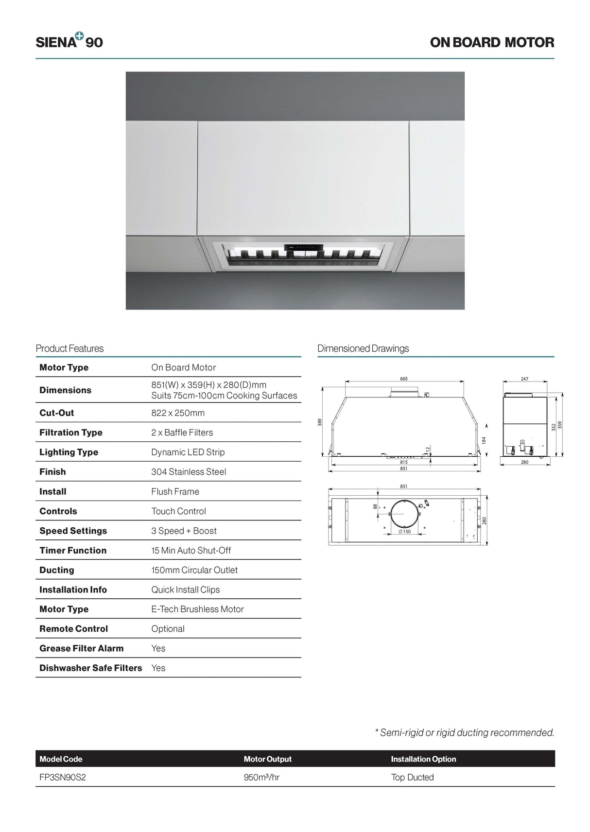 Falmec FP3SN90S2 90cm Siena+ Under Cupboard Rangehood, Stainless Steel, 950m3