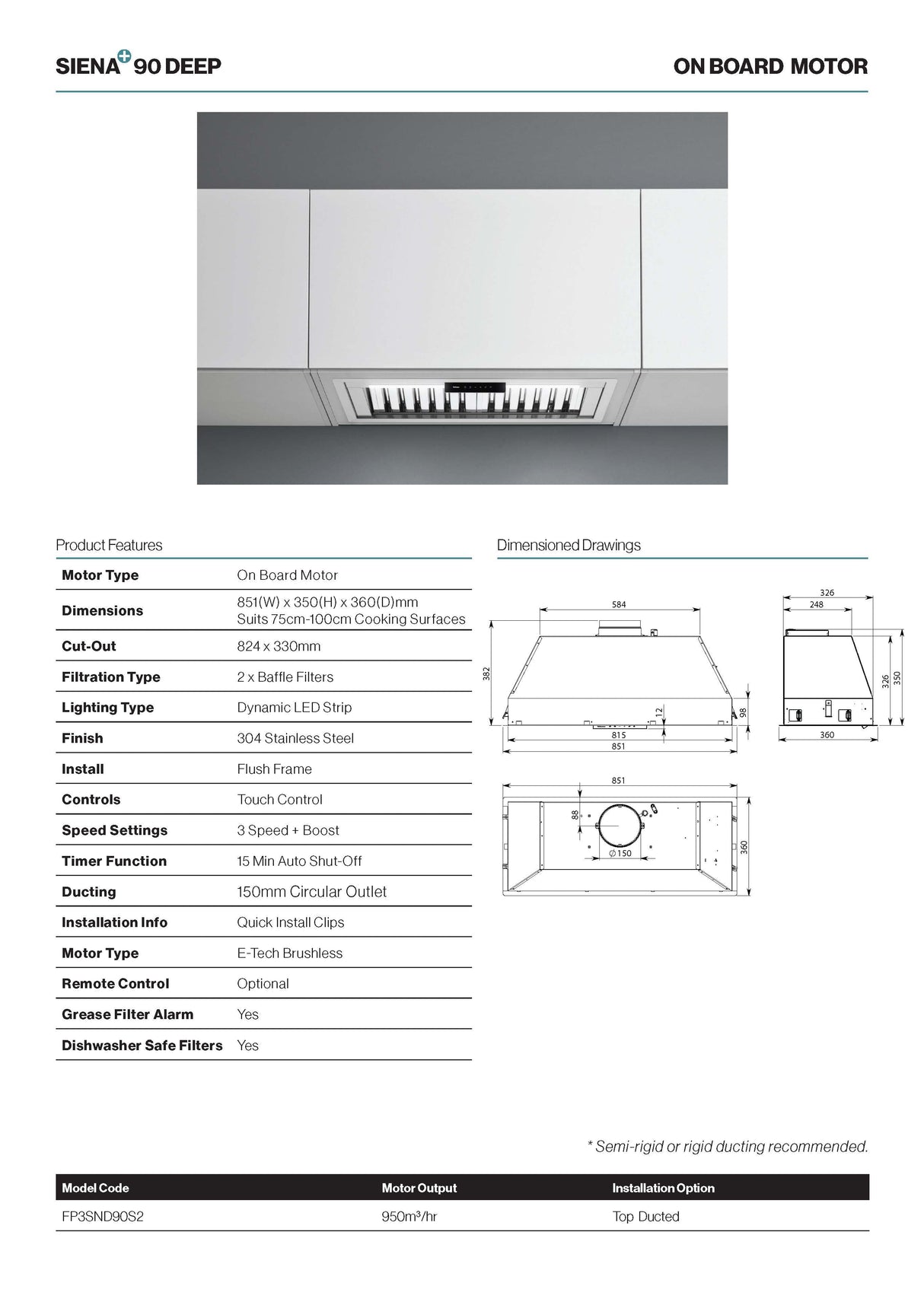 Falmec FP3SND90S2 90cm Siena+ Deep Under Cupboard Rangehood, Stainless Steel, 950m3