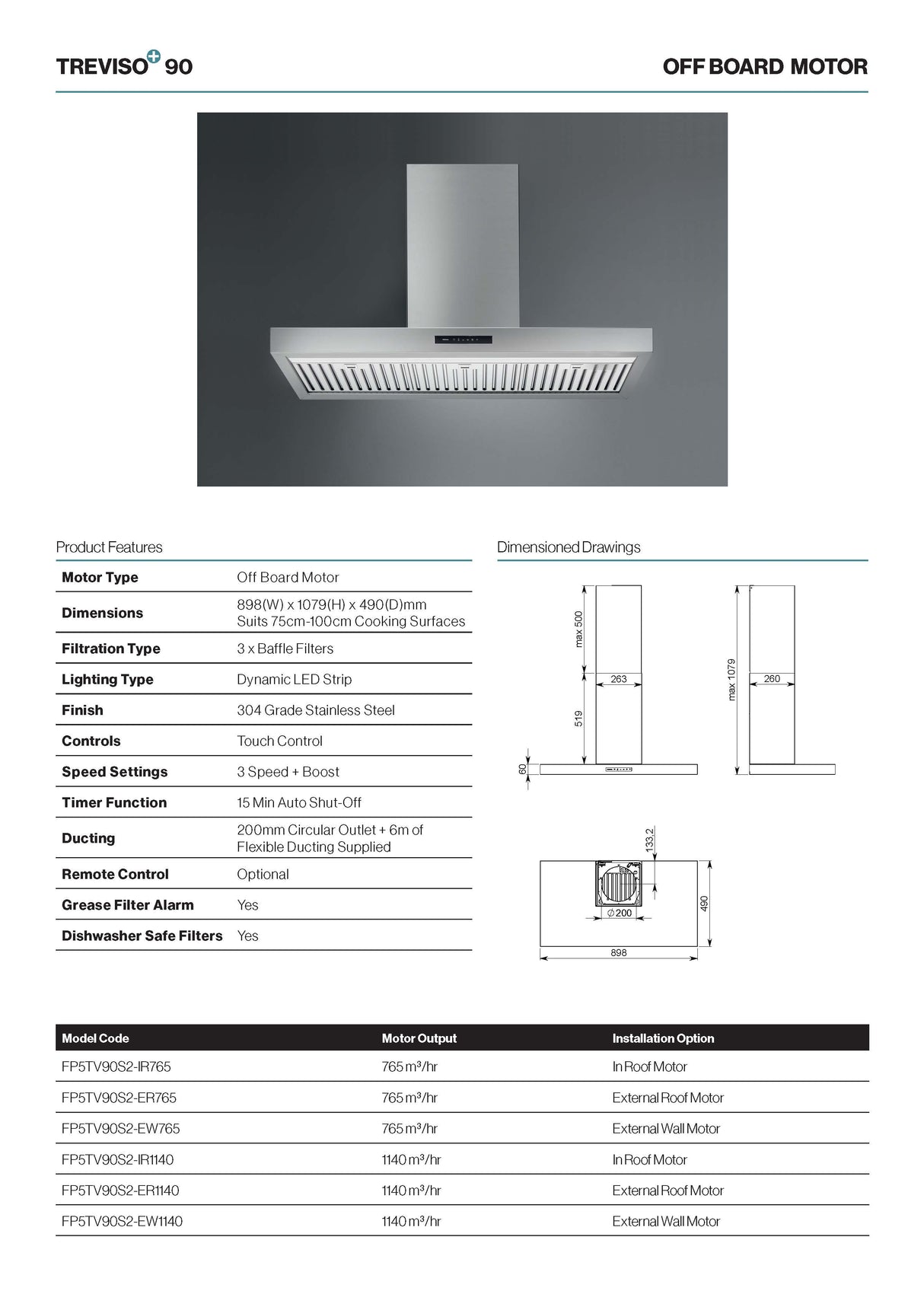 Falmec FP5TV90S2-IR765 90cm Treviso+ Wall Canopy Rangehood with Internal Roof Motor