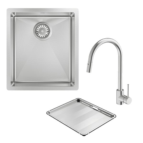 Abey Alfresco Sink Single Bowl 380x440mm Sink FRA340T15 (DTA18-316 + KTA037-316-BR) Topmount/Undermount (Inc. Pullout Kitchen Mixer & Tray) Stainless Steel - Special Order