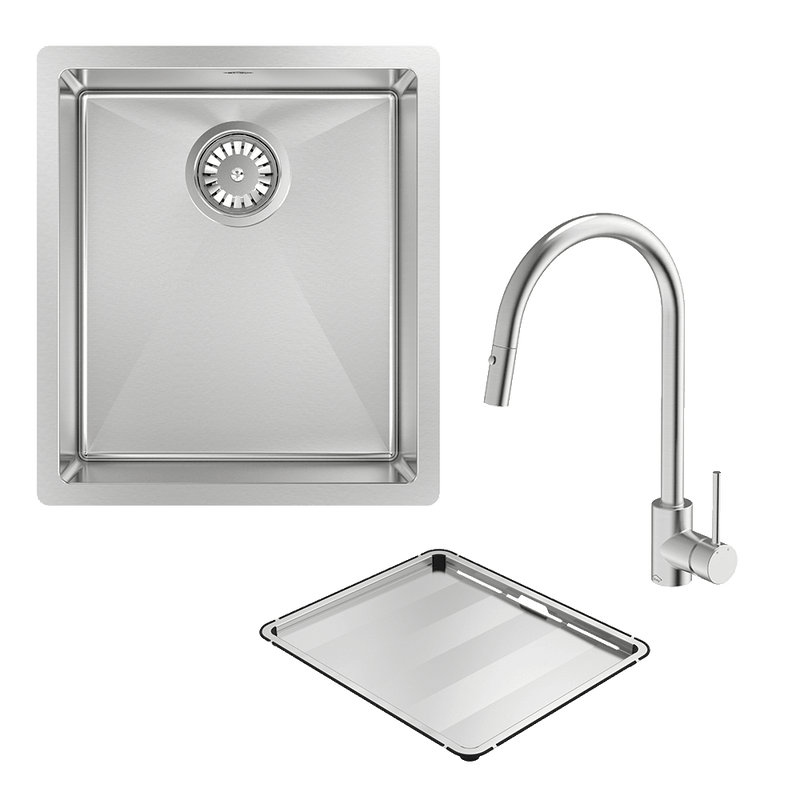 Abey Alfresco Sink Single Bowl 380x440mm Sink FRA340T15 (DTA18-316 + KTA037-316-BR) Topmount/Undermount (Inc. Pullout Kitchen Mixer & Tray) Stainless Steel - Special Order