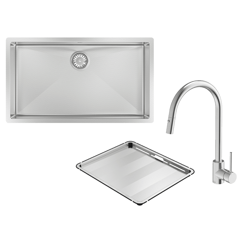 Abey Alfresco Sink Single Bowl 740x440mm Sink FRA700T15 (DTA18-316 + KTA037-316-BR) Topmount/Undermount (Inc. Kitchen Mixer & Tray) Stainless Steel - Special Order