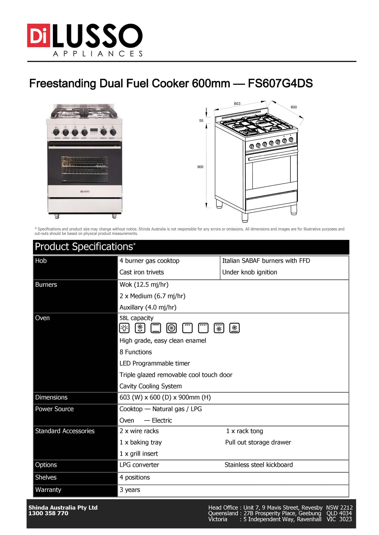 Di Lusso FS607G4DS 60cm Freestanding Dual Fuel Oven/Stove