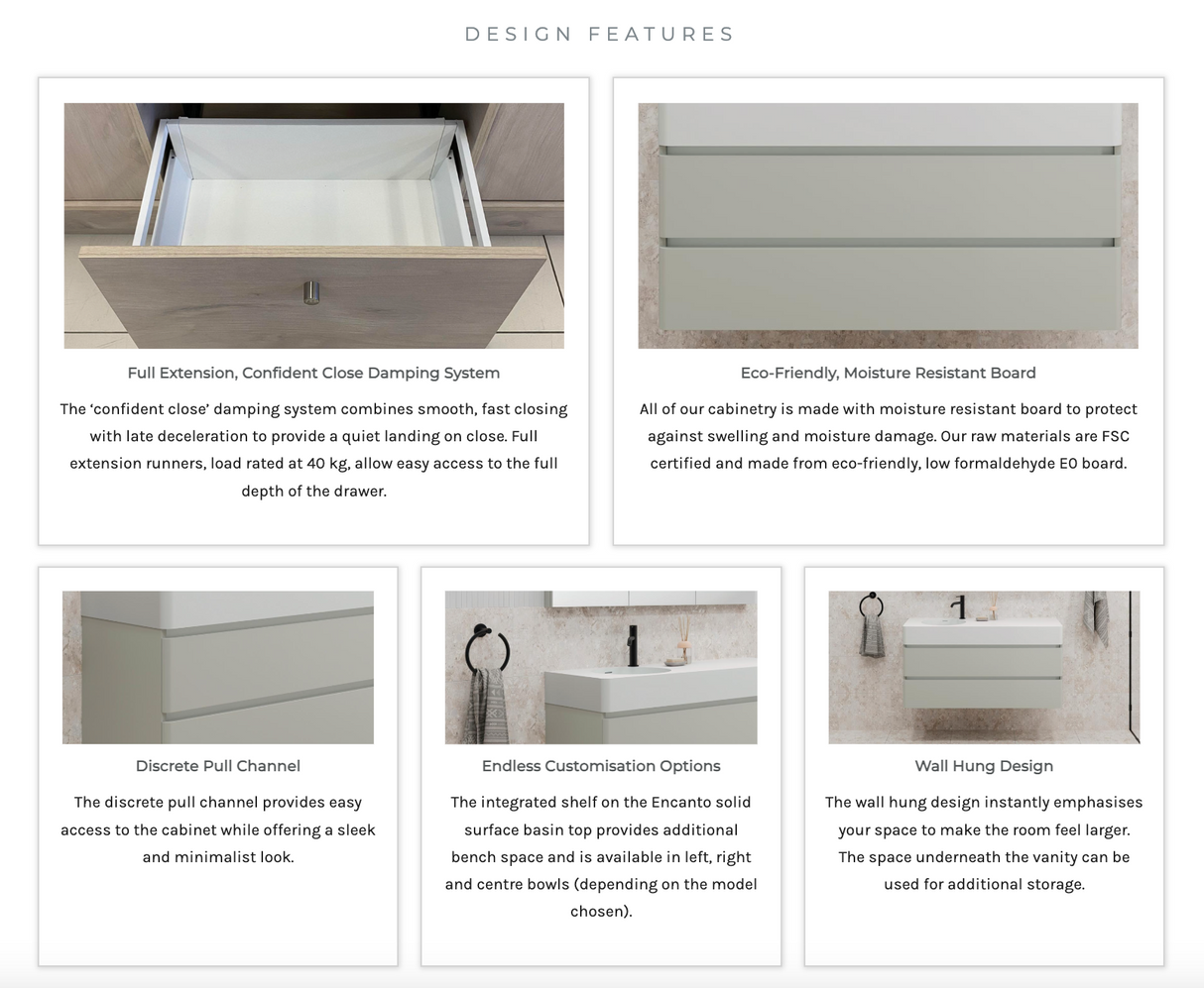 Fienza EN47WR Australian Made Encanto 470 Wall Hung Vantiy, Ultra White Matt