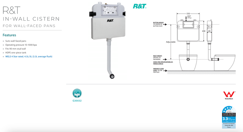 R&T G30032 In-Wall Cistern for Floor Mounted / Wall-Faced Pan - Special Order