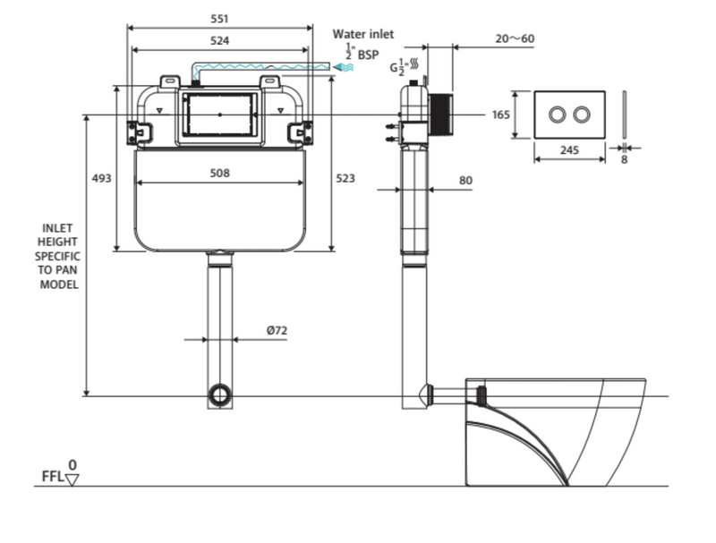 R&T G30035W Pneumatic In-Wall Cistern for Wall-Faced Pans, White Buttons - Special Order