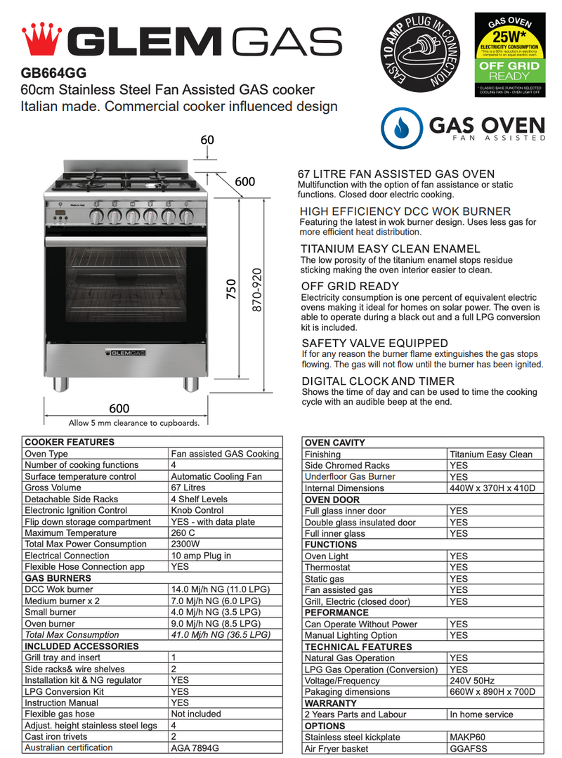 Glem GB664GG 60cm Stainless Steel Italian Made Gas Stove - Special Order