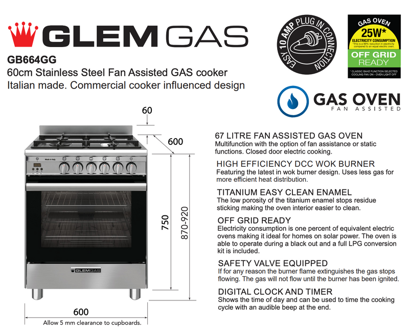 Glem GB664GG 60cm Stainless Steel Italian Made Gas Stove - Special Order