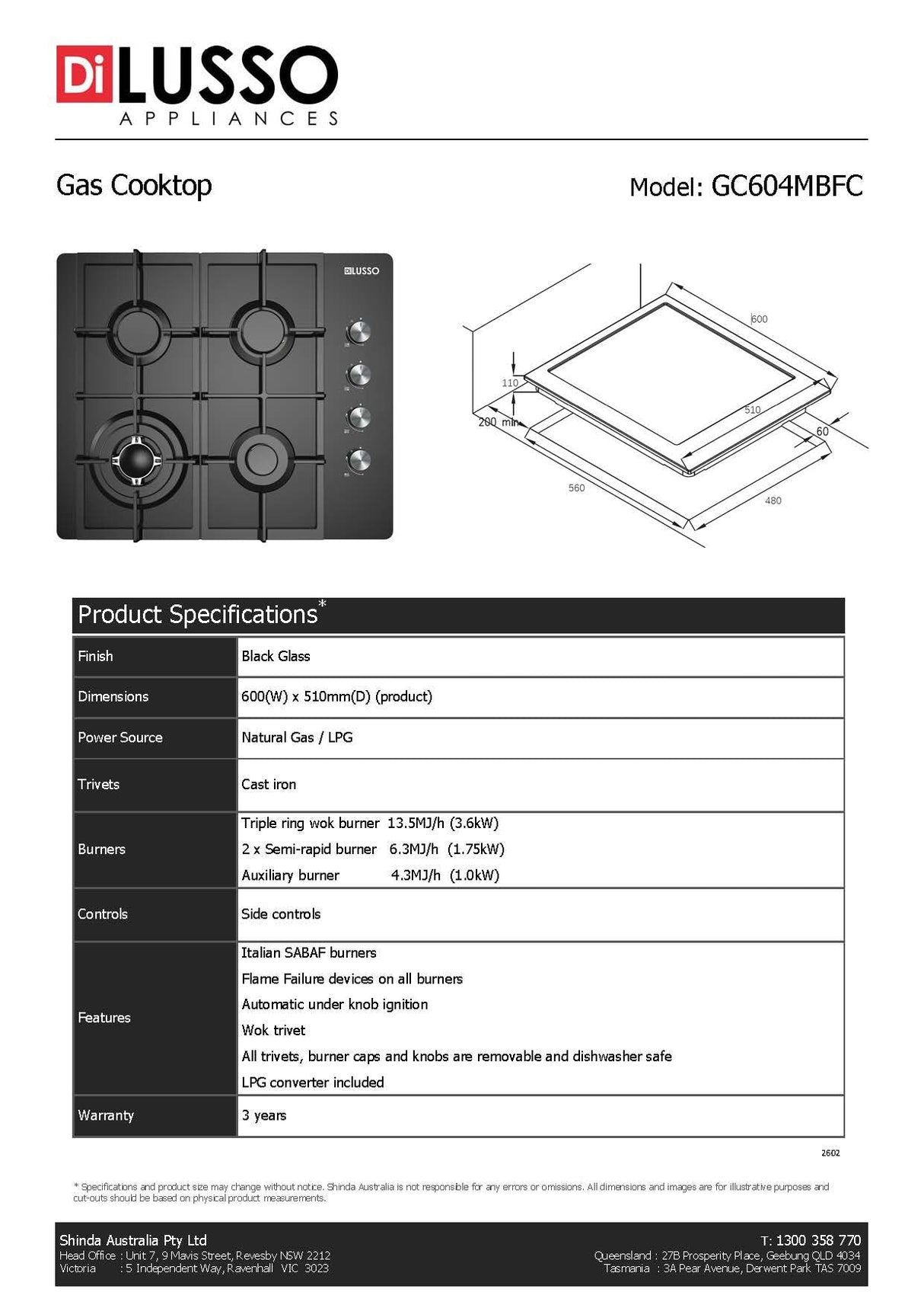Di Lusso GC604MBFC 60cm Black Glass Gas Cooktop, Cast Iron Trivets
