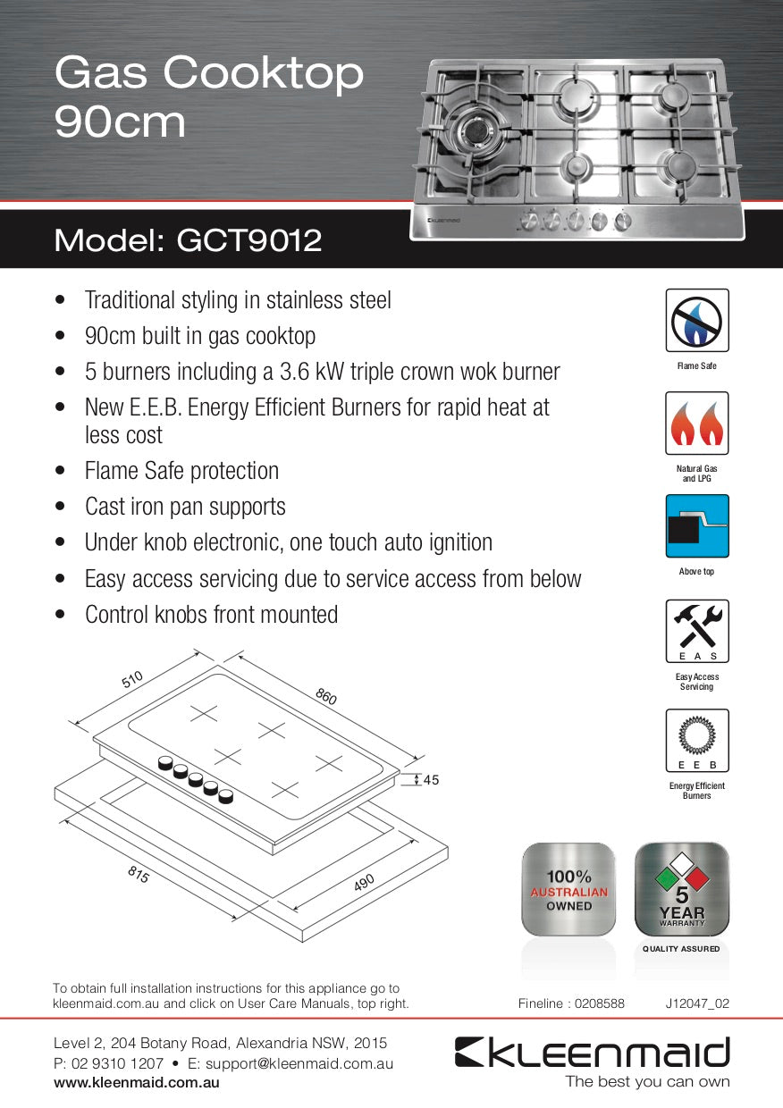 Kleenmaid GCT9012 90cm Gas Cooktop