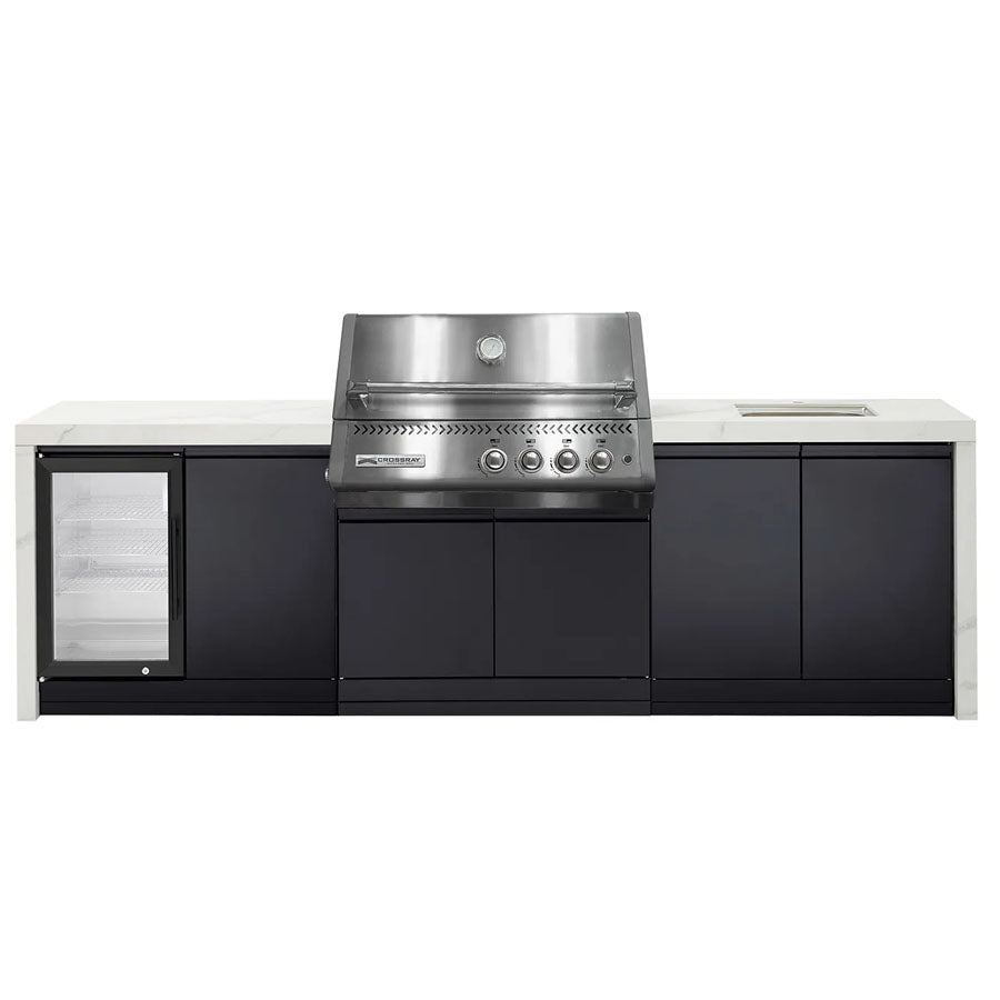 Crossray GD4KW-04 Premium XPlor 4 Burner Stainless Steel Gas BBQ Outdoor Kitchen with Drinks Fridge & Sink, White Top