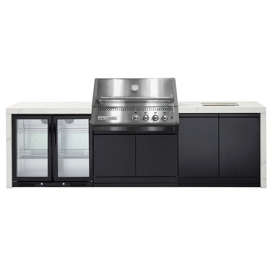 Crossray GD4KW-06 Premium XPlor 4 Burner Stainless Steel Gas BBQ Outdoor Kitchen with Double Drinks Fridge & Sink, White Top