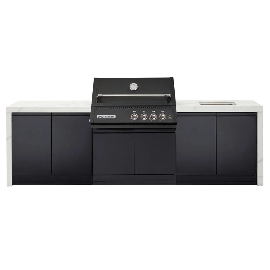 Crossray GD4KW-08 Premium XPlor 4 Burner Black Finish Gas BBQ Outdoor Kitchen with Sink, White Top