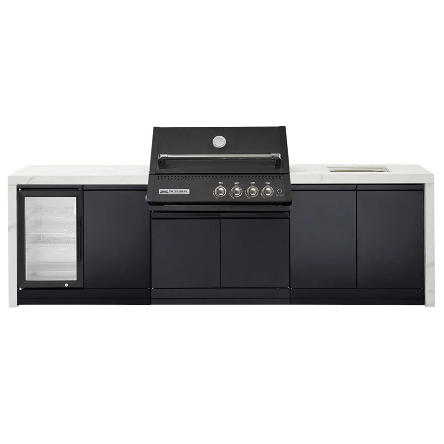 Crossray GD4KW-10 Premium XPlor 4 Burner Black Finish Gas BBQ Outdoor Kitchen with Drinks Fridge & Sink, White Top