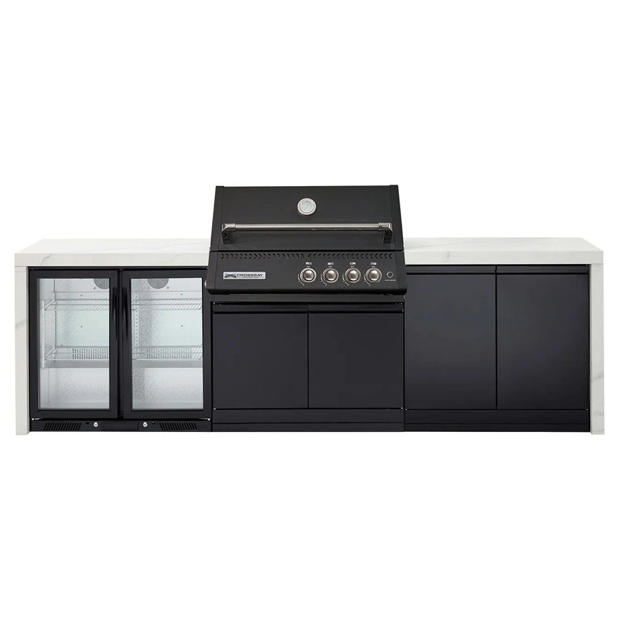 Crossray GD4KW-11 Premium XPlor 4 Burner Black Finish Gas BBQ Outdoor Kitchen with Double Drinks Fridge, White Top