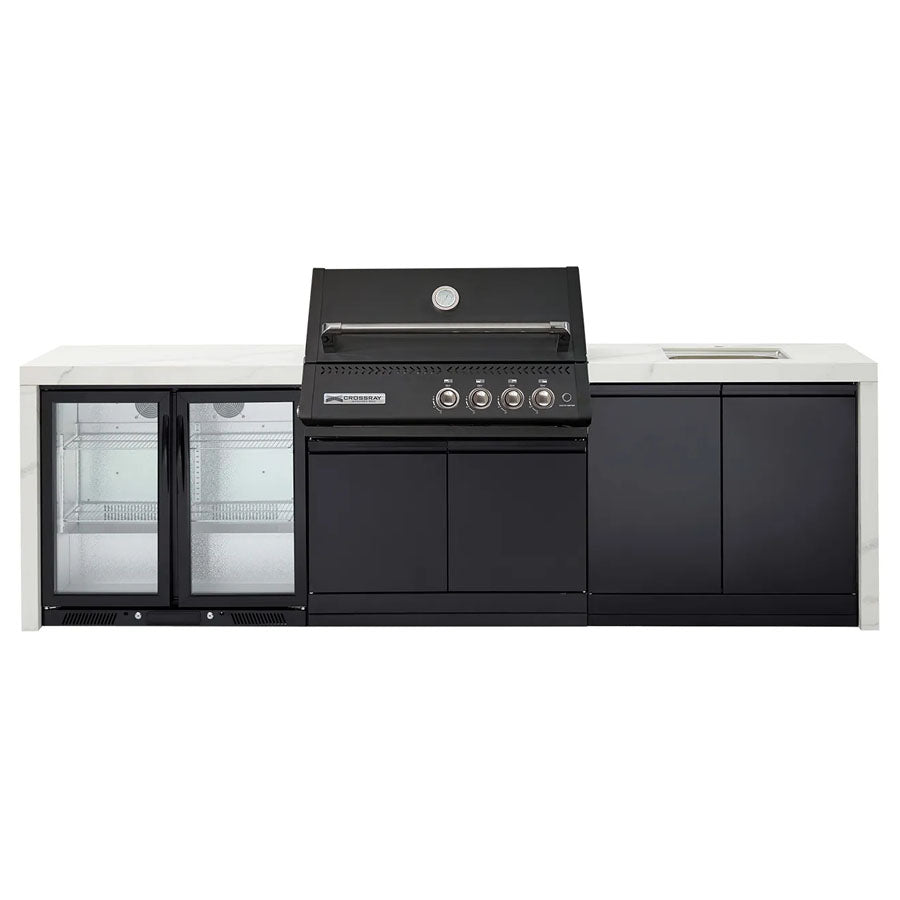 Crossray GD4KW-12 Premium XPlor 4 Burner Black Finish Gas BBQ Outdoor Kitchen with Double Drinks Fridge & Sink, White Top