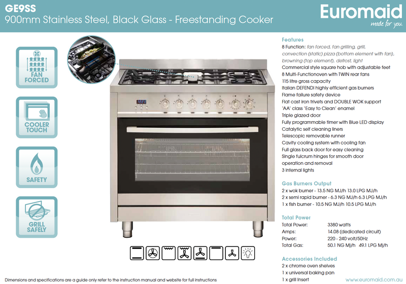 Euromaid GE9SS 90cm Stainless Steel Dual Fuel Freestanding Stove