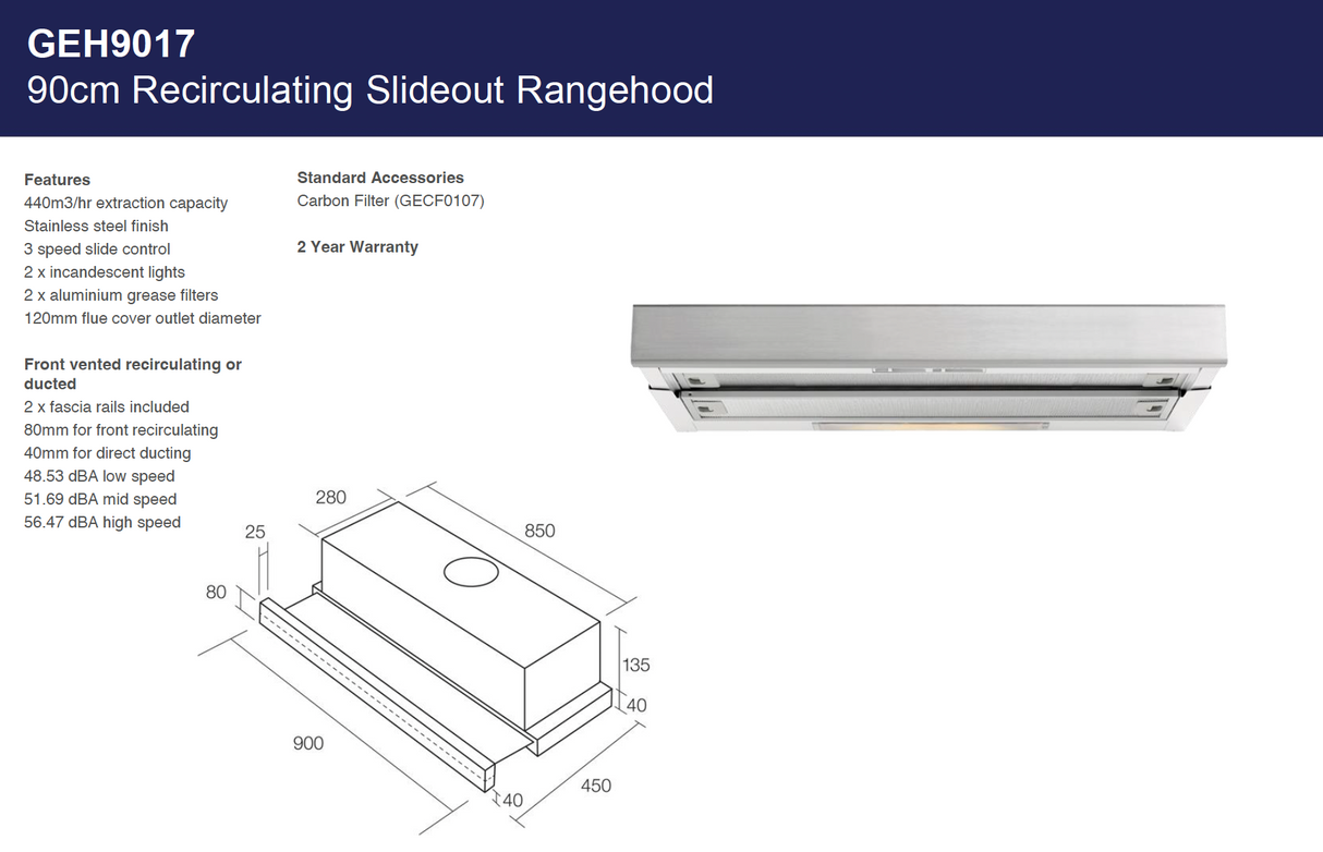 Baumatic B-GEH9017 90cm Recirculating Rangehood