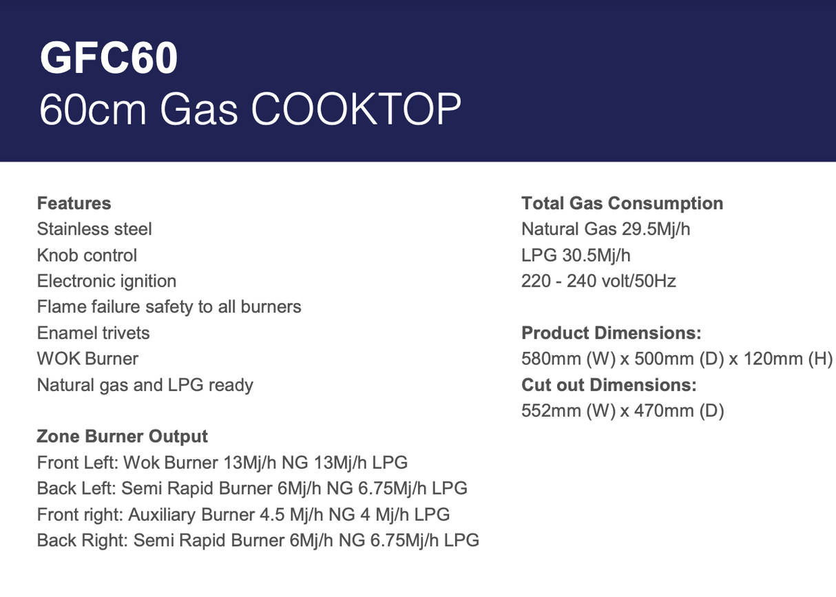 Arc Gfc60 60Cm Stainless Steel Gas Cooktop
