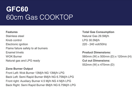 Arc Gfc60 60Cm Stainless Steel Gas Cooktop