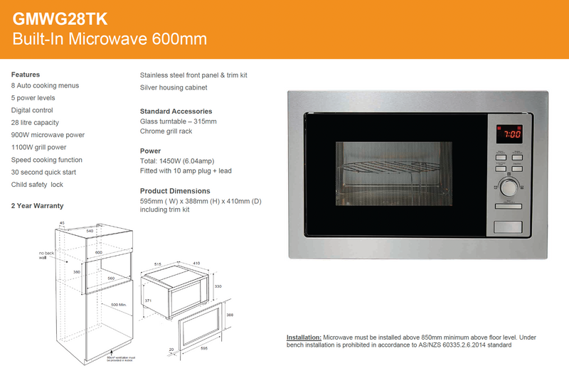 Venini GMWG28TK 60cm Stainless Steel Built In Microwave