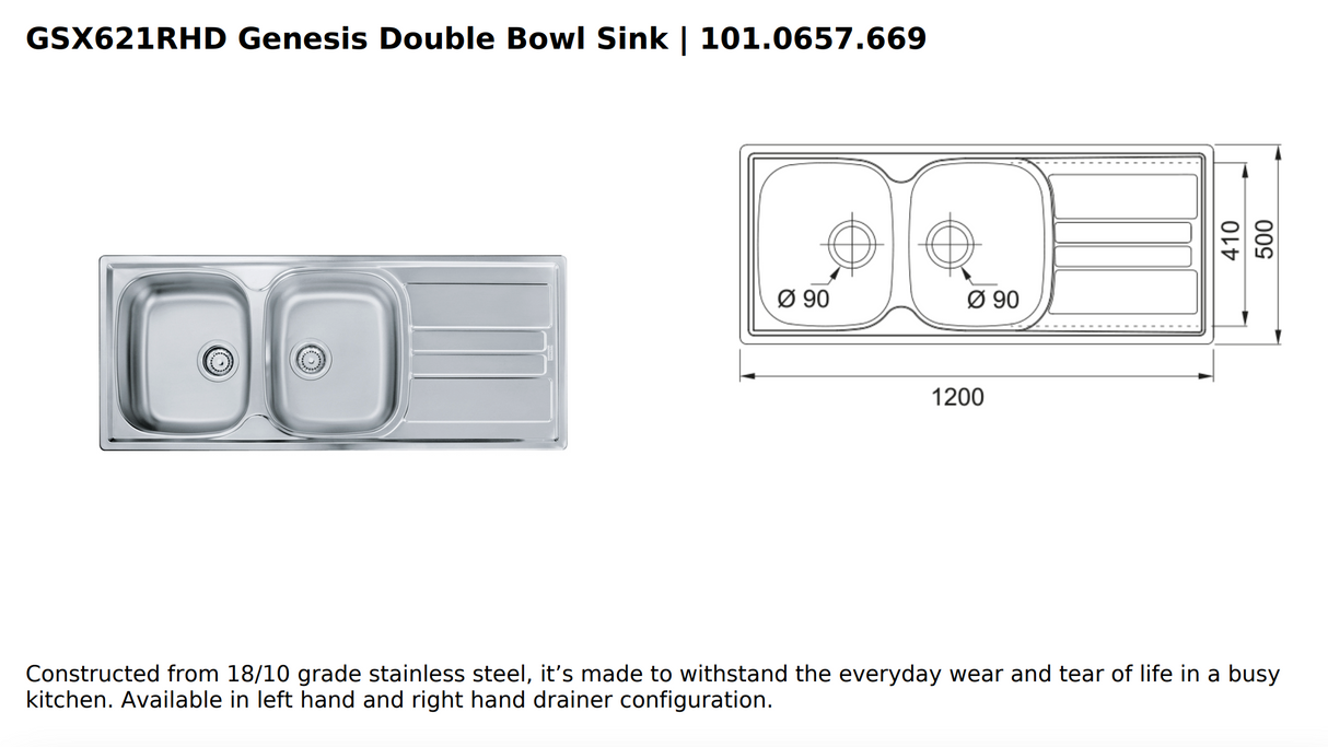 Franke GSX621RHD Genesis Double Bowl Sink, Stainless Steel, Right Hand Drainer