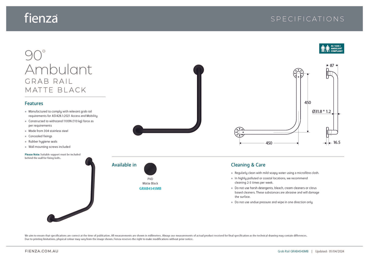 Fienza GRAB4545MB 90° Ambulant Care Grab Rail, Matte Black