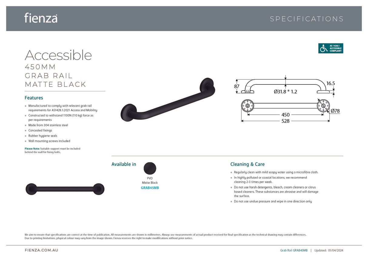 Fienza GRAB45MB Accessible Care 450mm Grab Rail, Matte Black