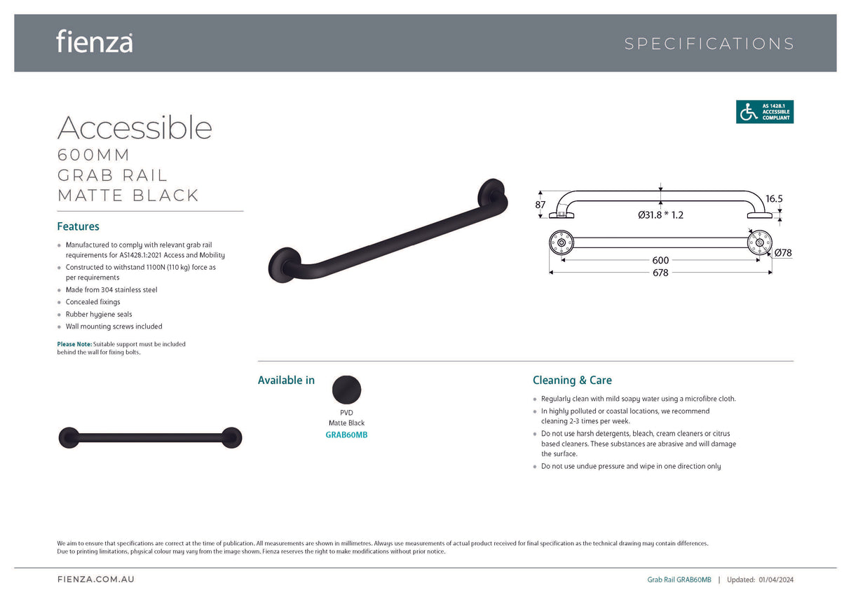 Fienza GRAB60MB Accessible Care 600mm Grab Rail, Matte Black