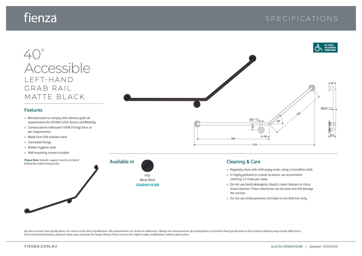 Fienza GRAB9070LMB 40° Accessible Care Left-Hand Grab Rail, Matte Black