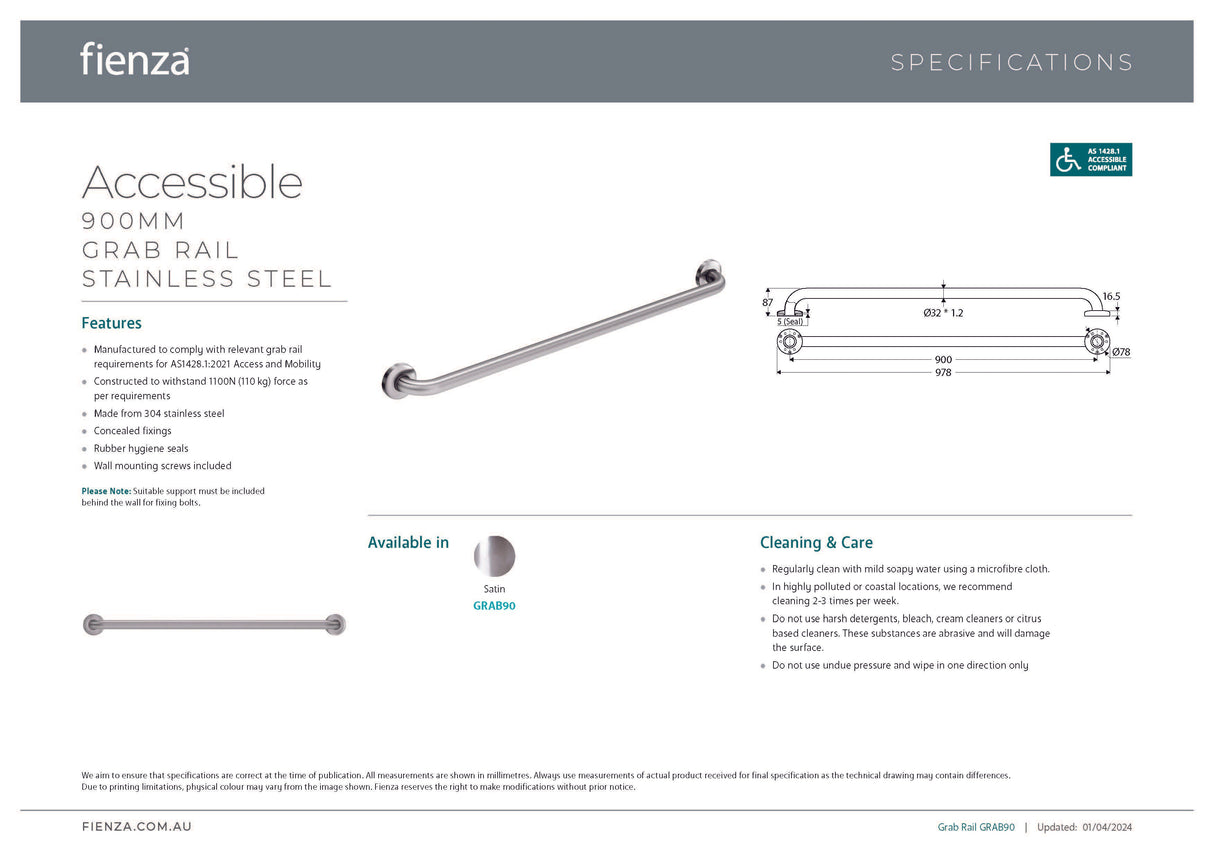 Fienza GRAB90 Accessible Care 900mm Grab Rail, Stainless Steel