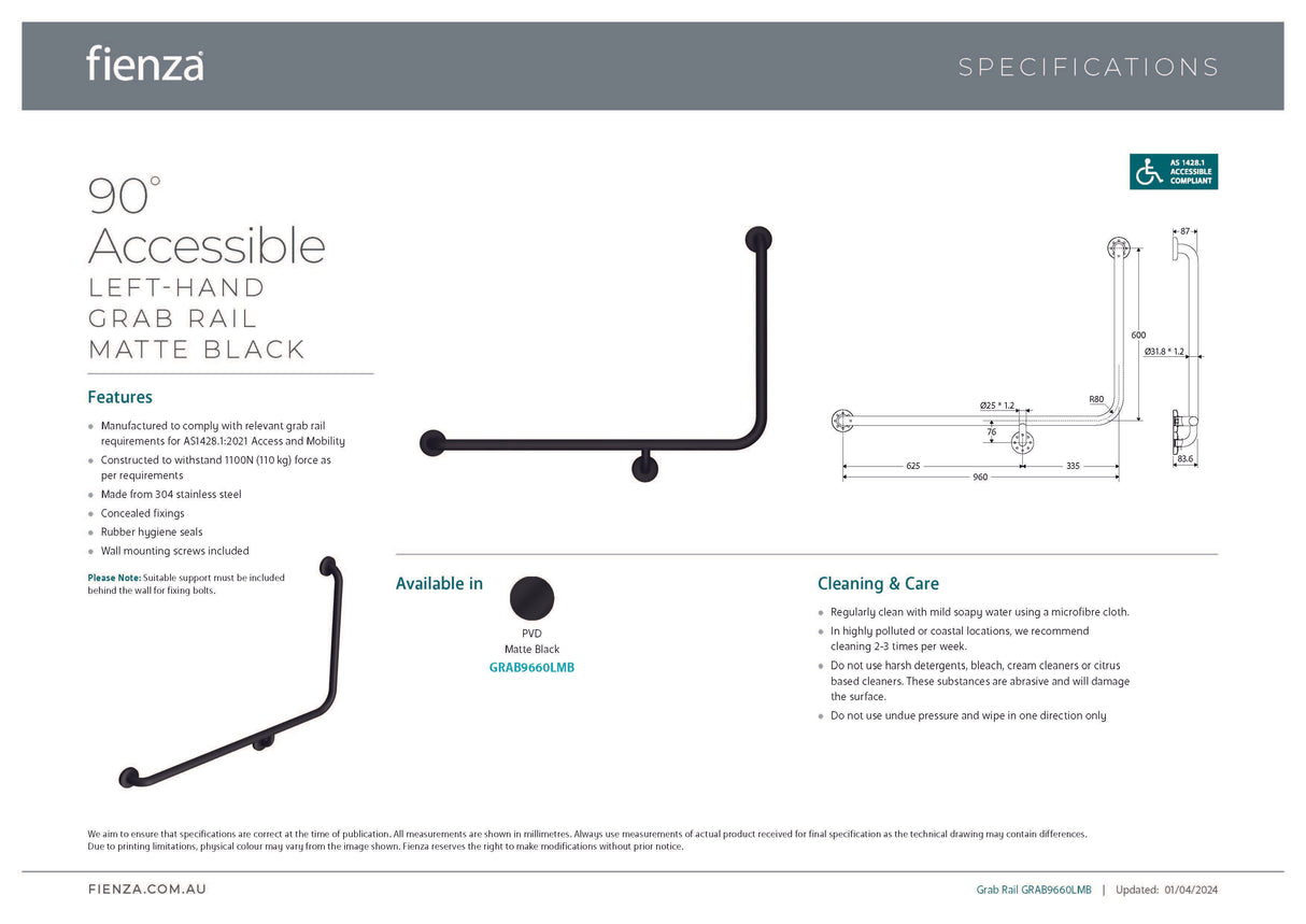 Fienza GRAB9660LMB 90° Accessible Care Left-Hand Grab Rail, Matte Black