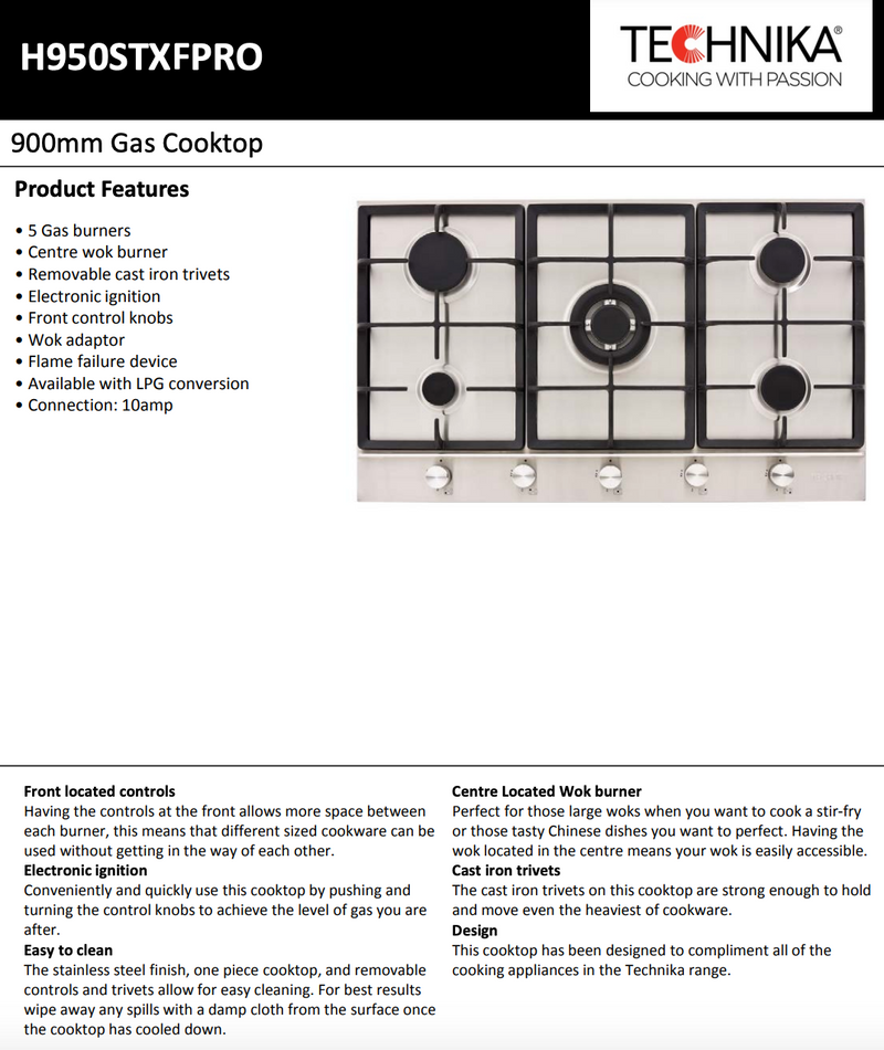 Technika H950STXFPRO 5 Burner Gas Cooktop - Special Order