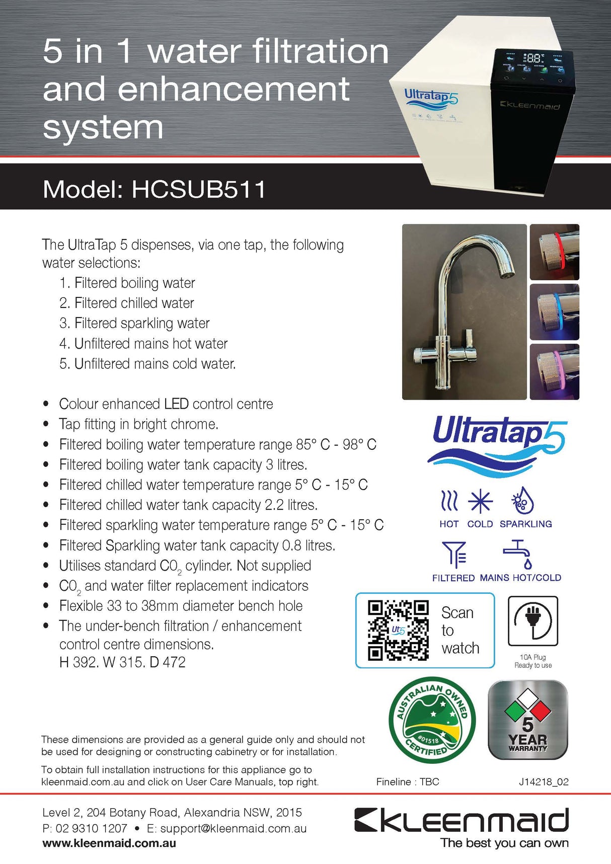 Kleenmaid HCSUB511-C Ultratap 5 Water Filtration & Enhancement System, Filtered Boiling, Filtered Chilled, Sparkling Mixer Tap