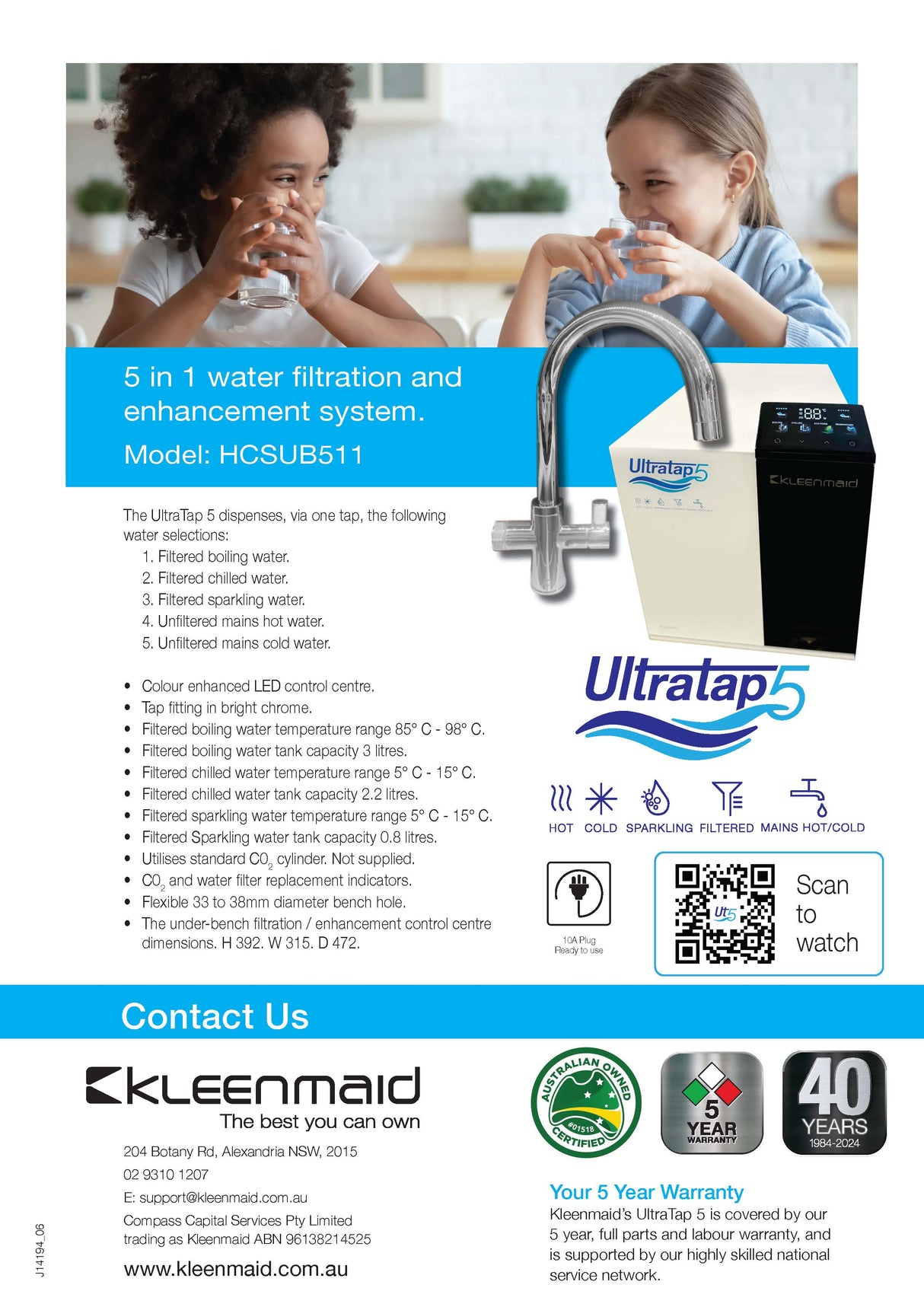 Kleenmaid HCSUB511-C Ultratap 5 Water Filtration & Enhancement System, Filtered Boiling, Filtered Chilled, Sparkling Mixer Tap